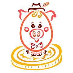 A business and fun stylish pig in a hat and tie is sitting on a large coin