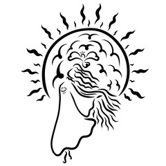 Winged girl, shining sun and flying bird, pattern