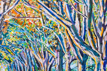 Details of acrylic paintings showing colour, textures and techniques. An avenue of trees in autumn colours.