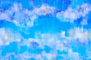 Details of acrylic paintings showing colour, textures and techniques.  Full frame blue sky background with clouds