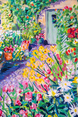 Details of acrylic paintings showing colour, textures and techniques. Cottage garden path, front door and flower borders.