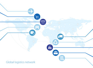 Global logistics network. Map global logistics partnership connection.  Similar world map with geolocation and logistics icons.  Flat design. Vector illustration EPS10. 