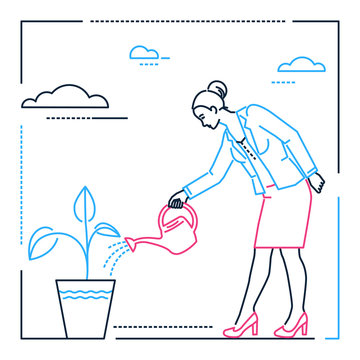 Businesswoman watering the plant - line design style illustration