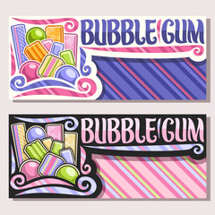 Vector banners for Bubble Gum with copy space, heap of colorful chewing bubblegums and fruit gummy candies, original brush typeface for words bubble gum, vivid illustration of variety kid sweets.
