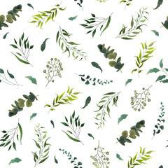 Seamless pattern with green tropical leaves plants eucalyptus