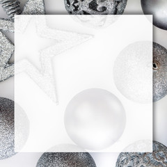 Christmas white square background with silver baubles with white mockup