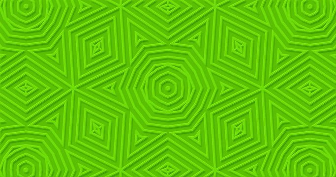 Bright matte green geometric background. Abstract outlines shapes looped move. Kaleidoscope pattern. Stylish minimal modern motion design. Effect of cutting paper and embossing. Fresh minimalist color