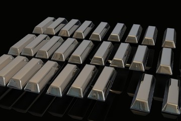 Stacked bars of silver bullion 3D.Financial concept