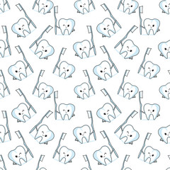 Seamless pattern with tooth and toothbrush on white background.