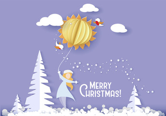 Color paper cut design and craft winter landscape with tree, woman, clouds. Holiday nature and christmas design. Vector illustration. Merry Christmas card.