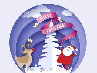 Color paper cut design and craft winter landscape with tree, Santa Claus and pig. Holiday nature 2019 and christmas design. Vector illustration. Merry Christmas card.