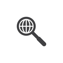 Globe search vector icon. filled flat sign for mobile concept and web design. Magnifier glass with globe simple solid icon. Symbol, logo illustration. Pixel perfect vector graphics