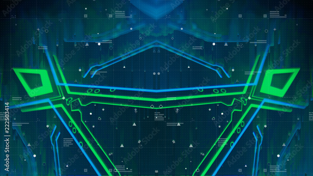 Poster hud interface. head up display. mirrored pattern. green, red background with digital integrated netw