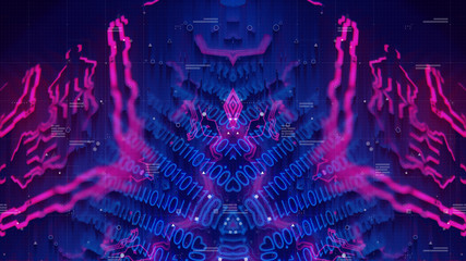 Glitched Holographic Digital Technology Background. Distorted glitch style modern Design. Abstract Pixel Noise. Psychodelic Symmetry Tron Neon. Blue and Purple, Magenta, Violet.