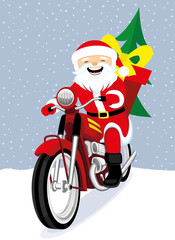 Cheerful Santa Claus on a red retro motorcycle.