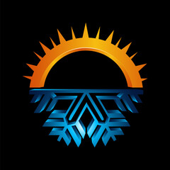 Hot and cold round sign. Temperature balance icon. Sun and snowflake line style symbols with red and blue parts of circle. Climate weather logo