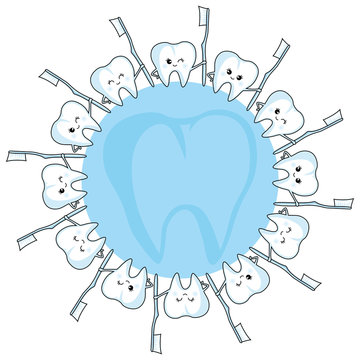 Round sign with teeth and toothbrushes on white background.