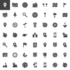 Location and Navigation vector icons set, modern solid symbol collection filled style pictogram pack. Signs logo illustration. Set includes icons as Map Pointer, Route,  Mobile Gps app, Radar, Compass