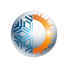 gear Hot and cold round sign logo. Temperature balance icon. Sun and snowflake line style symbols with red and blue parts of circle. Climate weather logo
