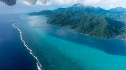 Flying over Huahine Blue Lagoon In French Polynesia