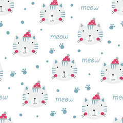 Winter seamless pattern with cute cats