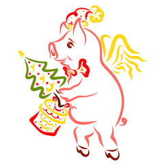 Cheerful winged pig and Christmas gifts, holiday