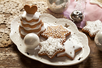 Close up of a gingerbread cookies with Christmas decoration