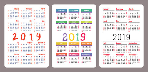 Calendar 2019. Colorful English vector calender set. Week starts on Sunday. Basic grid