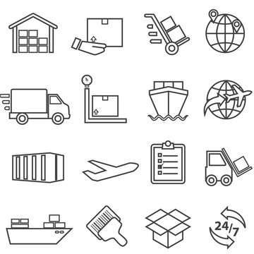 Shipping, cargo, delivery, distribution, freight and warehouse line icons