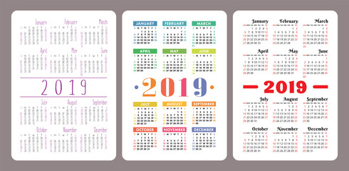 Calendar 2019. Colorful English vector calender set. Week starts on Sunday. Basic grid