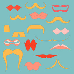 Set with Colorful Icons of Moustaches and Lips