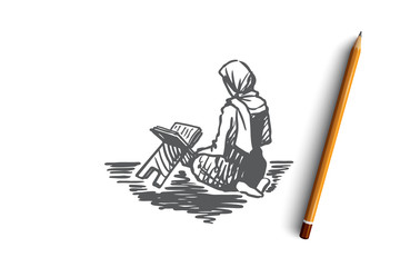 Muslim, islam, religion, arab, girl, koran, prayer concept. Hand drawn isolated vector.