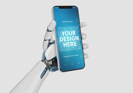 Isolated Robot Hand Holding Smartphone Mockup