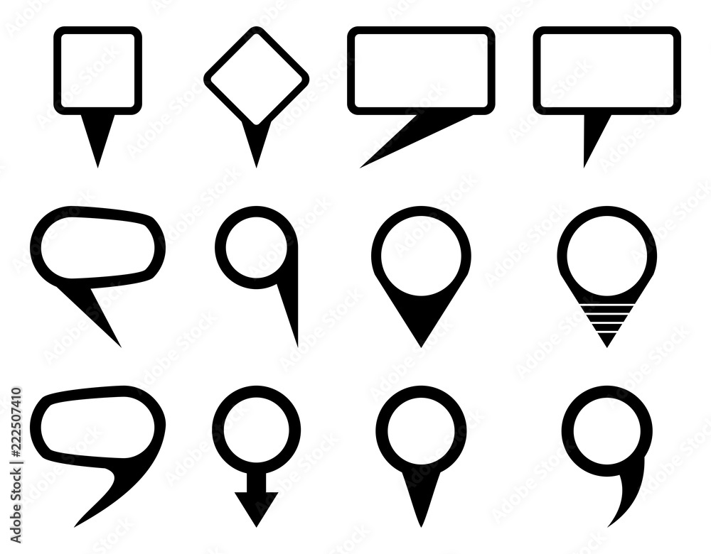 Poster vector black map pointer bubble icons set isolated on white background