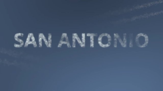 Flying airplanes reveal San Antonio caption. Traveling to the United States conceptual intro animation