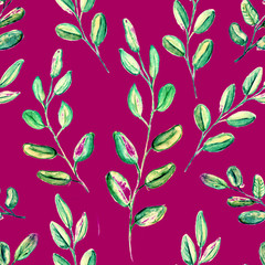 Seamless Realistic Watercolor Greenery Pattern. Hand Drawn Eucalyptus Leaves and Branches Print. Summer, Spring Forest Herbs, Plants Texture. Foliage in Vintage Style. Nature Eco Friendly Concept.