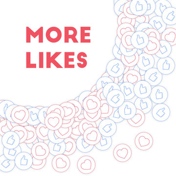 Social media icons. More likes concept. Falling scattered thumbs up hearts. Pleasing big radiant lef