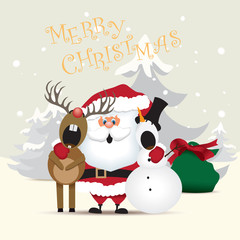 Santa Claus, snowman and reindeer singing a Christmas carol.Vector illustration.