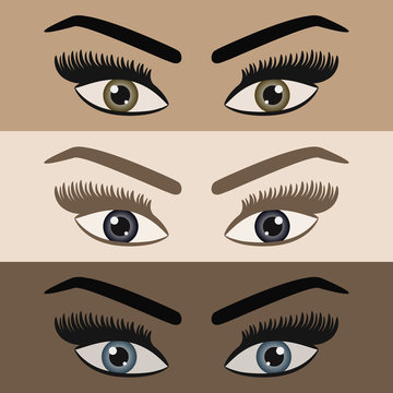 Close up of beautiful women pair of eyes looking with long lashes and eyebrows icons set on different skin color tones