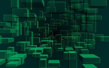 Fototapeta premium Green and dark abstract digital and technology background. The pattern with repeating rectangles. 3D illustration