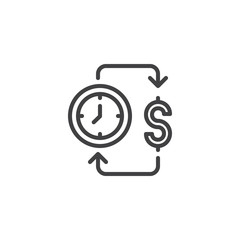 Time is money outline icon. linear style sign for mobile concept and web design. Clock with dollar simple line vector icon. Symbol, logo illustration. Pixel perfect vector graphics