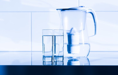 Drink. Water glass, filter, white background