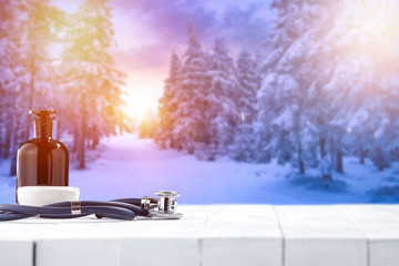 a medical wooden table with winter season attributes  