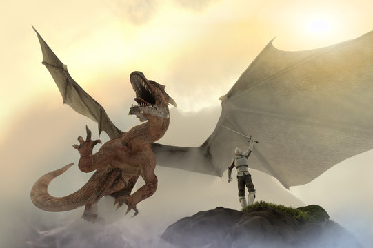 knight fighting dragon, dragon versus man, 3D render