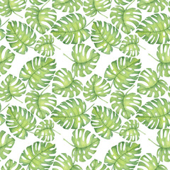 Fototapeta premium watercolor illustration of tropical pattern, hibiscus leaves monstera Pattern. Drawing for printing, Hawaiian style