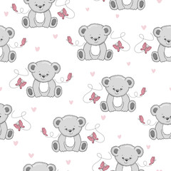 Seamless pattern with cute cartoon Teddy bears and butterflies.