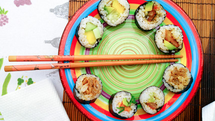 Delicious Japanese sushi roll with rice, seaweed and vegetables