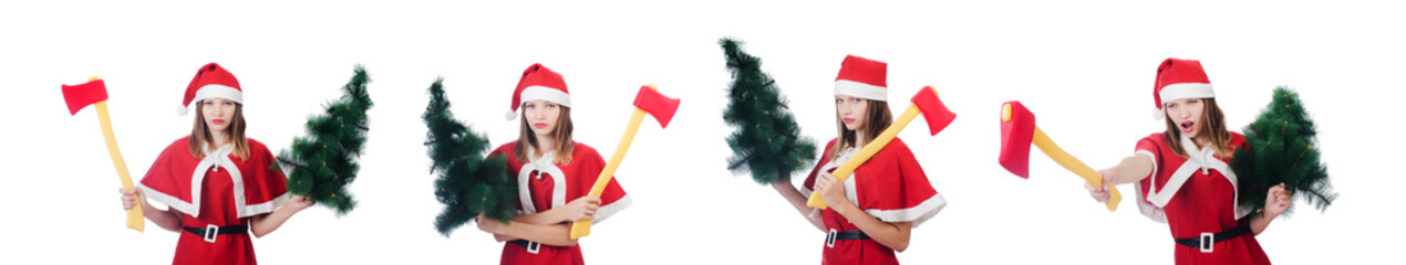 Young woman in red santa costume on white