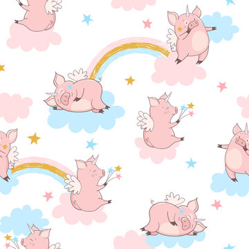 Seamless Vector Cute Pig Unicorn Pattern. Baby Print.