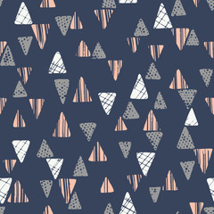 Hand drawn tribal textured triangles on dark blue background vector seamless pattern. Ethnic abstract geometric drawing